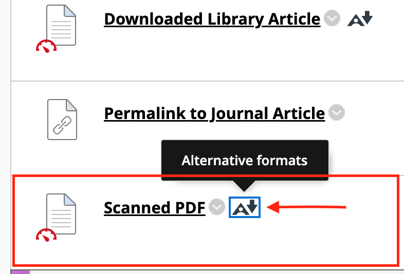 Navigate to the scanned PDF - select alternative formats icon