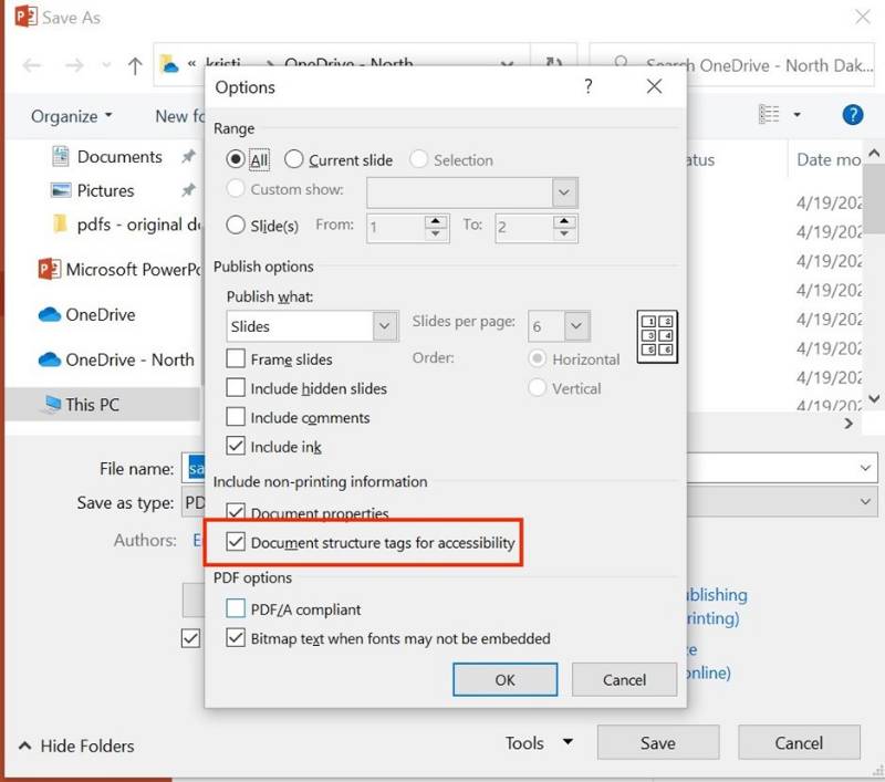 enable tags when saving as pdf for windows - options pane-document structure tabs for accessibility
