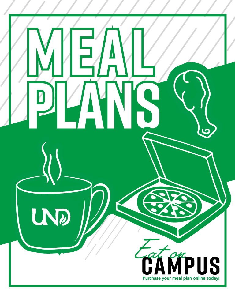 an illustration of a box of pizza, chicken wing, and a cup of UND coffee